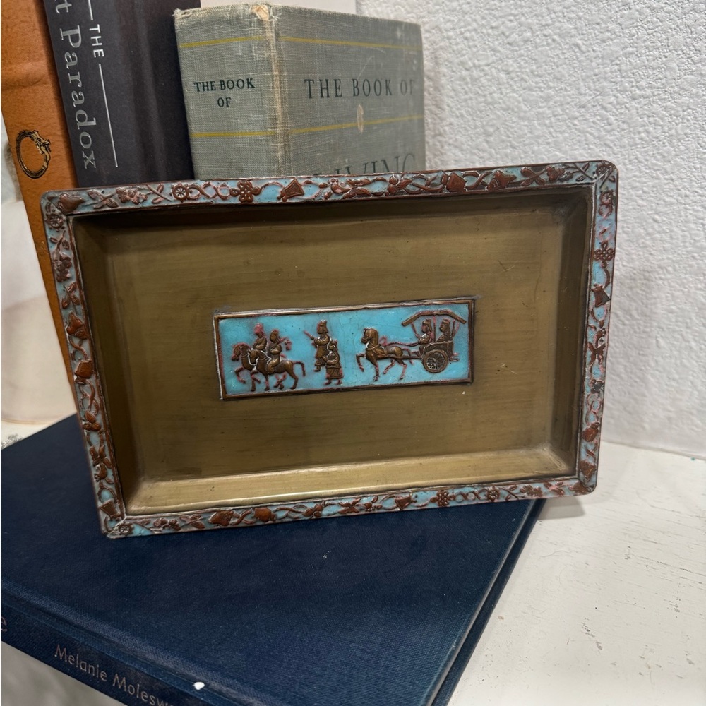 Ancient Bronze Brass Vintage Decorative Tray with Blue and Brown Accents‎